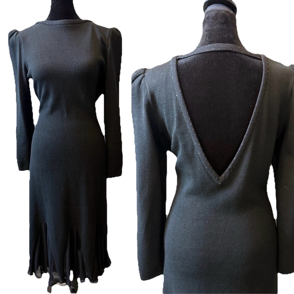 St. John Marie Gray Santana Silk Knit Evening Tulip Back out Dress 6